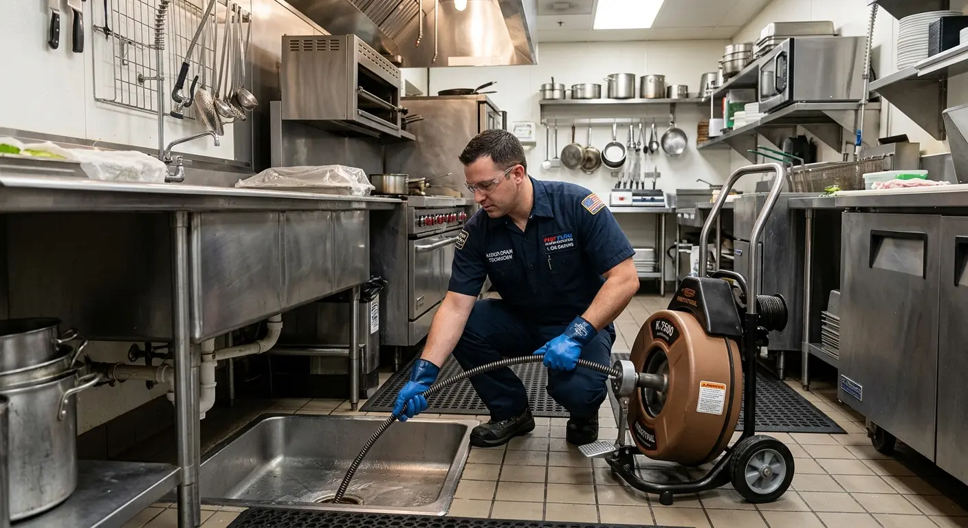 Commercial drain cleaning service in a restaurant kitchen in Altus