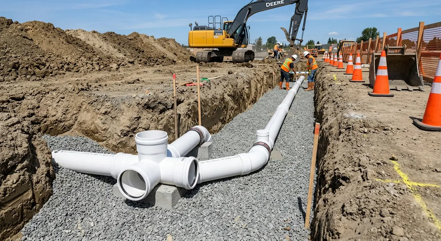 New PVC sewer pipe installation in open trench for Commercial Drain Cleaning in Altus