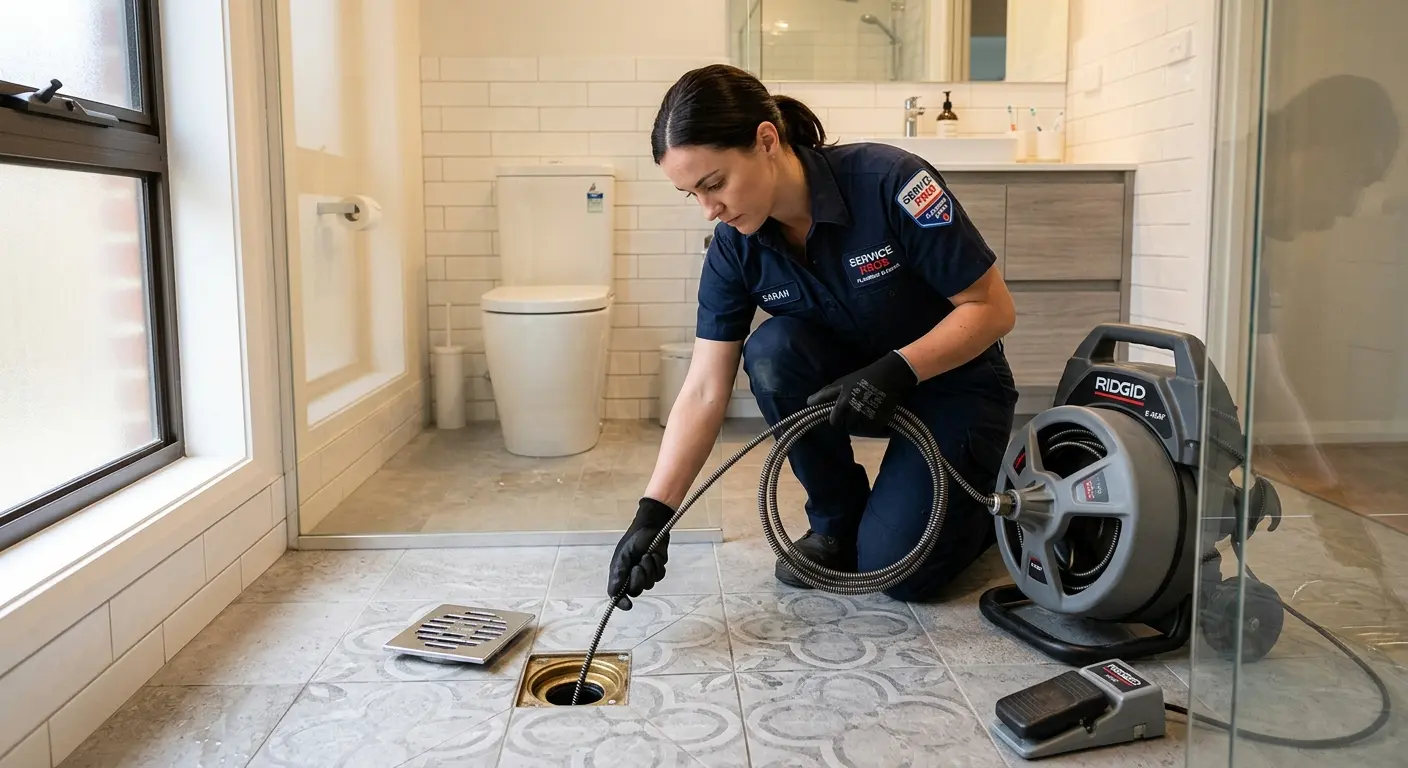 Technician clearing a bathroom floor drain for Clogged Drain Repair in Altus